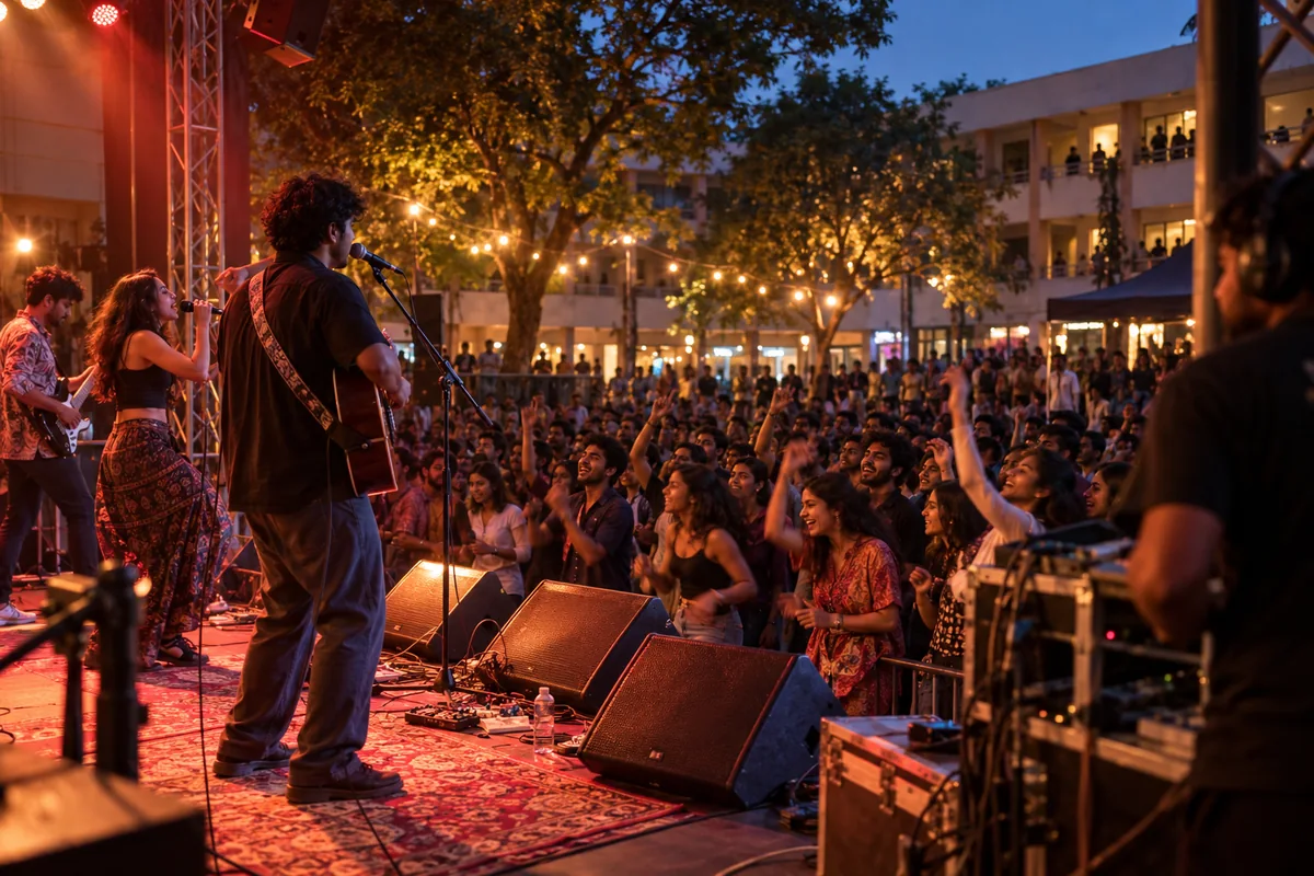 An illustrative live performance with a stage crew and audience