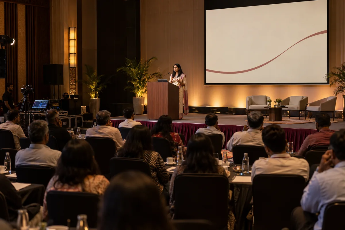 Illustrative scene: a presenter addressing a professional audience in a conference hall