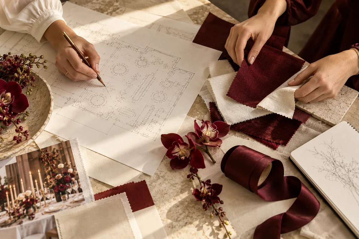 An event plan and material swatches on a styling table