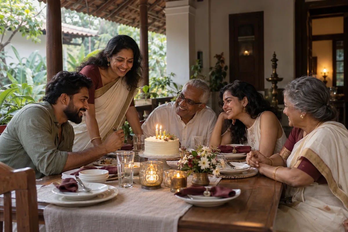An illustrative family gathering around a birthday table